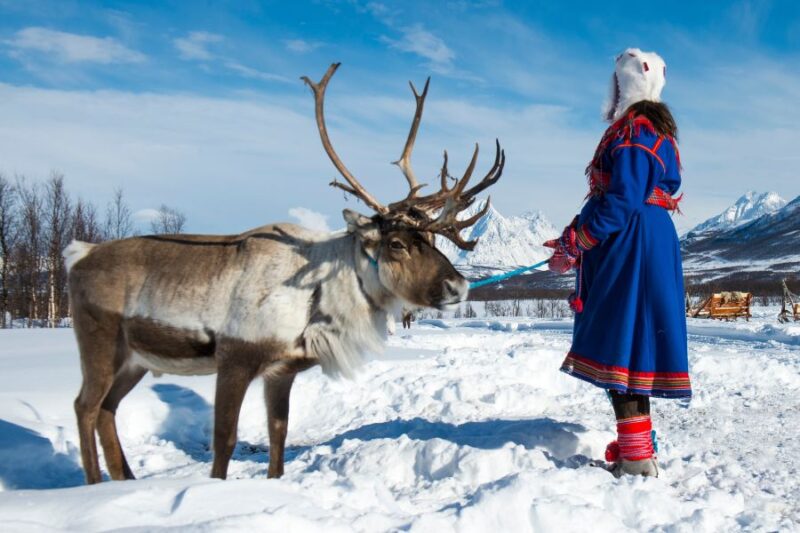 Sami in Noord-Noorwegen in de winter met een rendier
