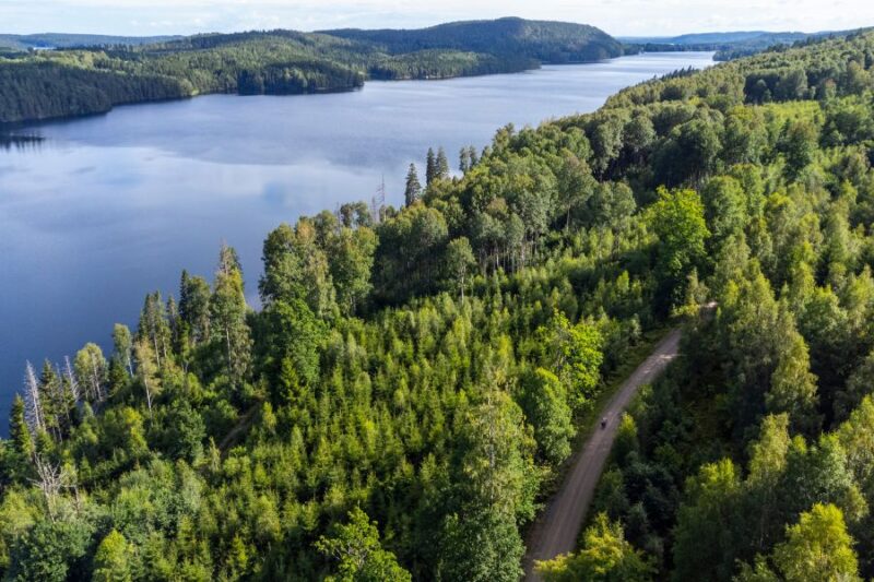 Foto vanuit de lucht van een kronkelende weg door de bossen en een uigestrekt meer in Dalsland, Zweden.